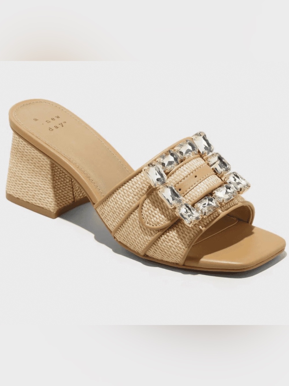 A New Day Kathleen Rafflia Buckle Block Rhinestone Embellished Detailing Heels
